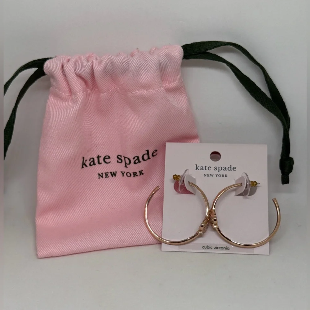 NEW Kate Spade Rose Gold Tone Pave Everyday Spade Hoop Earrings CZ Dust Bag Gift